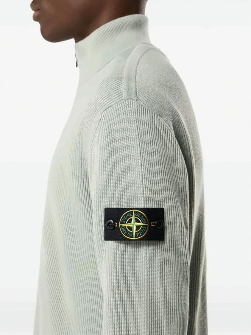 Stone Island Ribbed Knit Zip-Up Sweater With High Collar