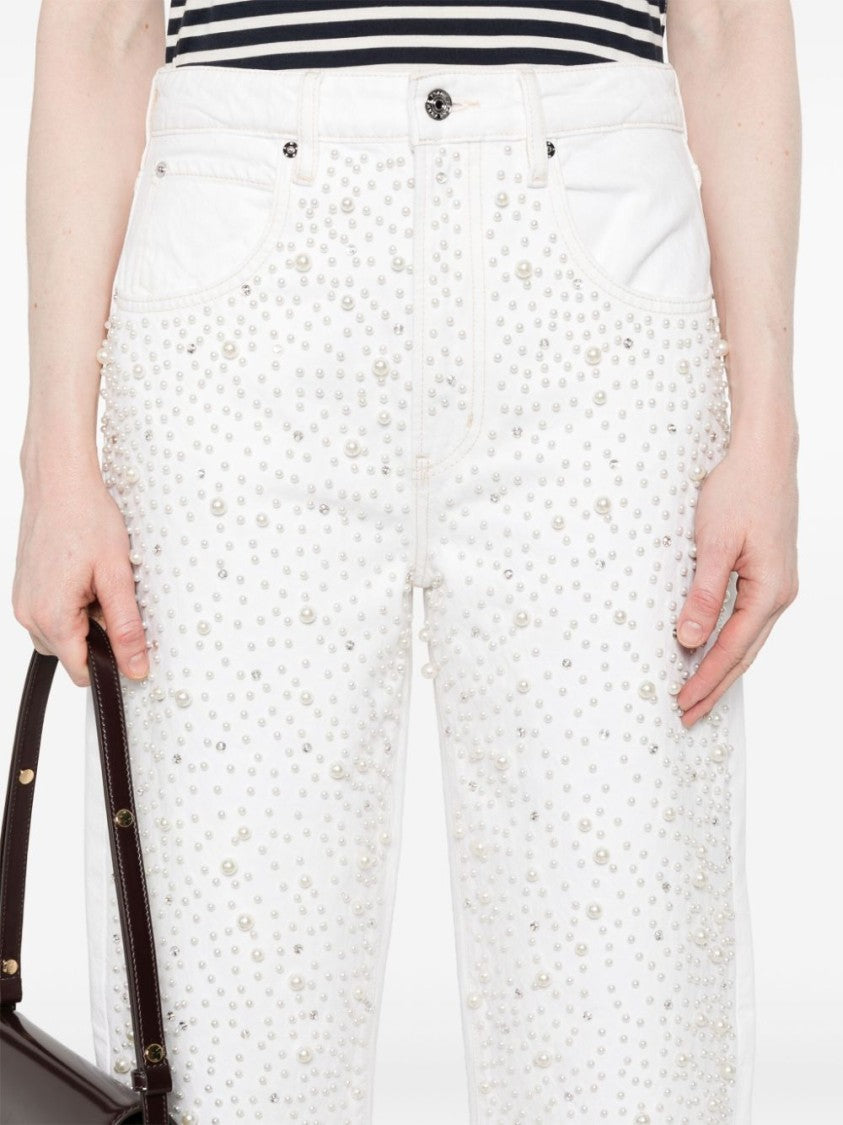 Frame Rhinestone-Embellished White Cotton Straight Jeans
