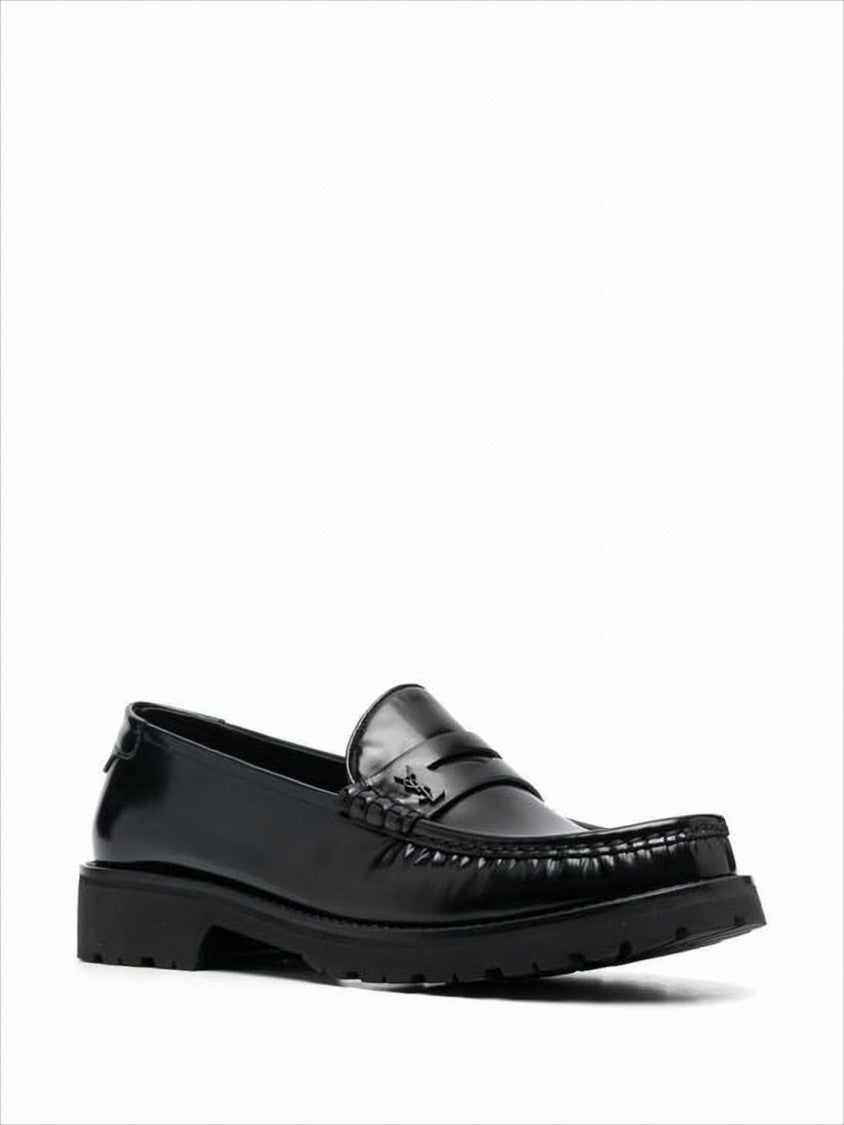 Saint Laurent Black Calf Leather Penny Loafers With Polished Finish