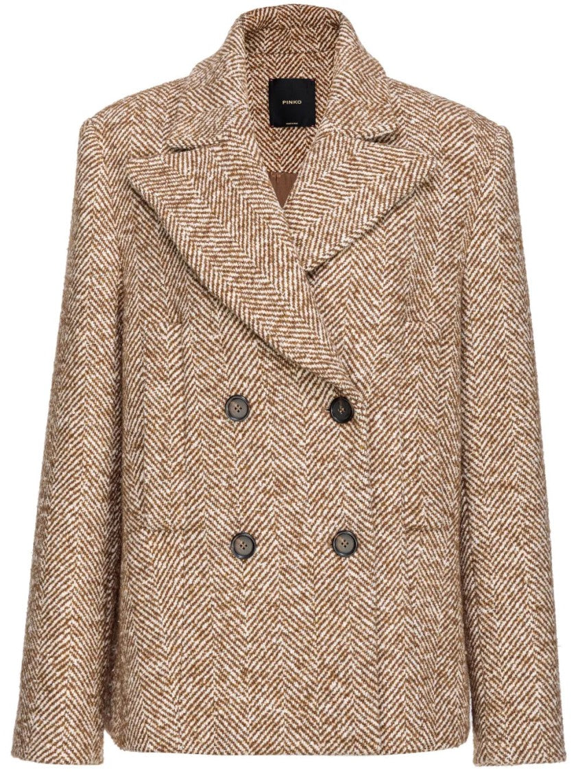 Pinko Brown Double-Breasted Herringbone Coat