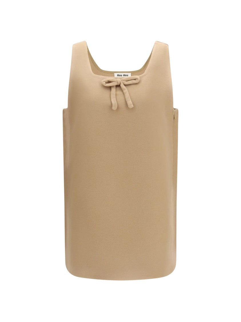 Miu Miu Boxy Wool Dress With Square Neckline And Bow Detail