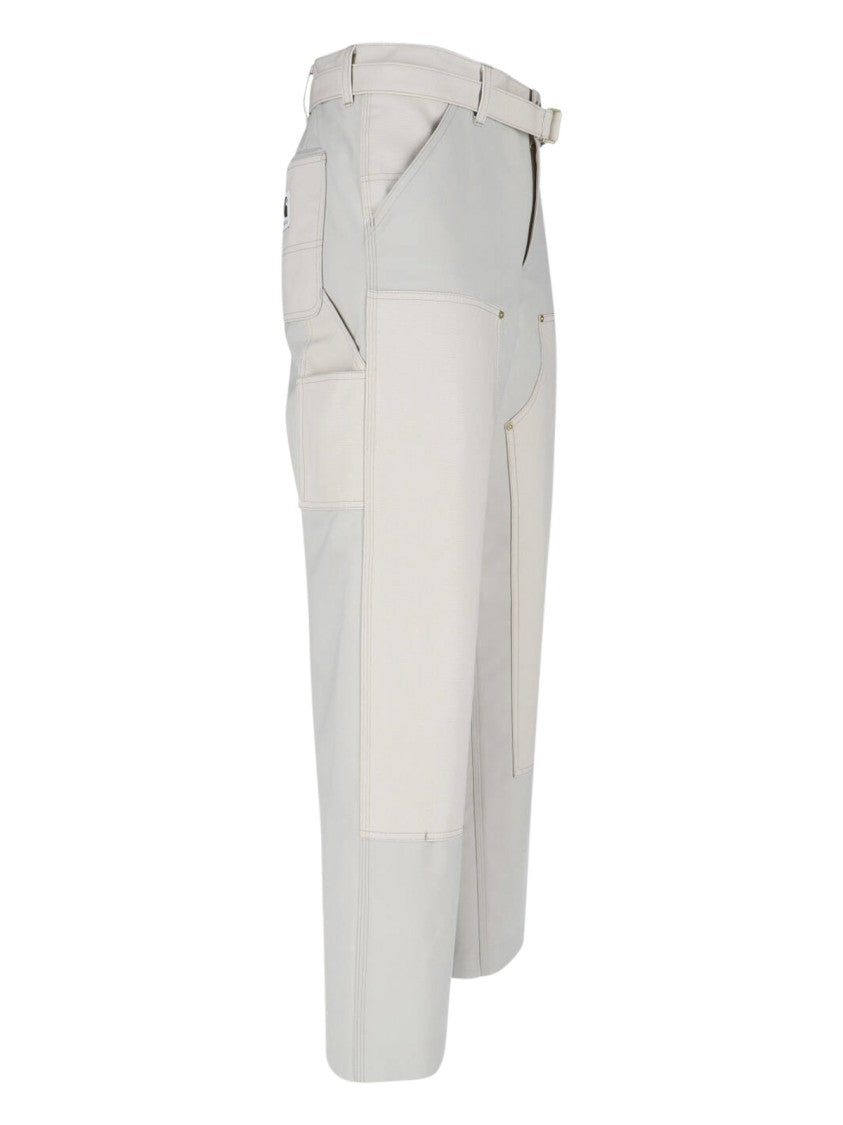 Sacai Double Knee White Pants With Mid-Rise Waist And Reinforced Patches