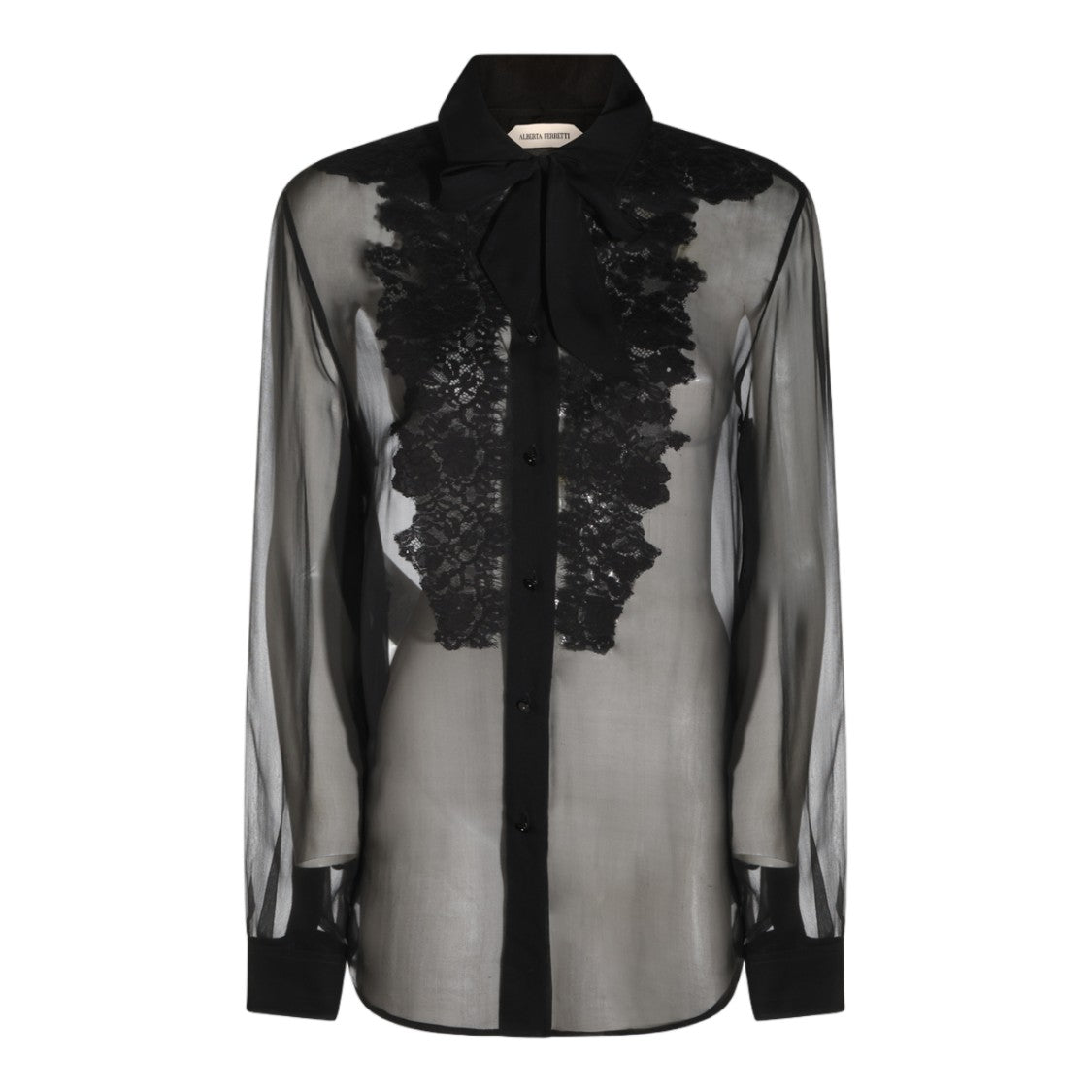 Alberta Ferretti Black Sheer Lace Panel Bow Tie Shirt