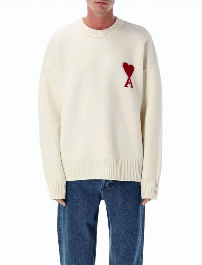 Ami Relaxed Fit Off-White Wool Sweater With Signature Heart
