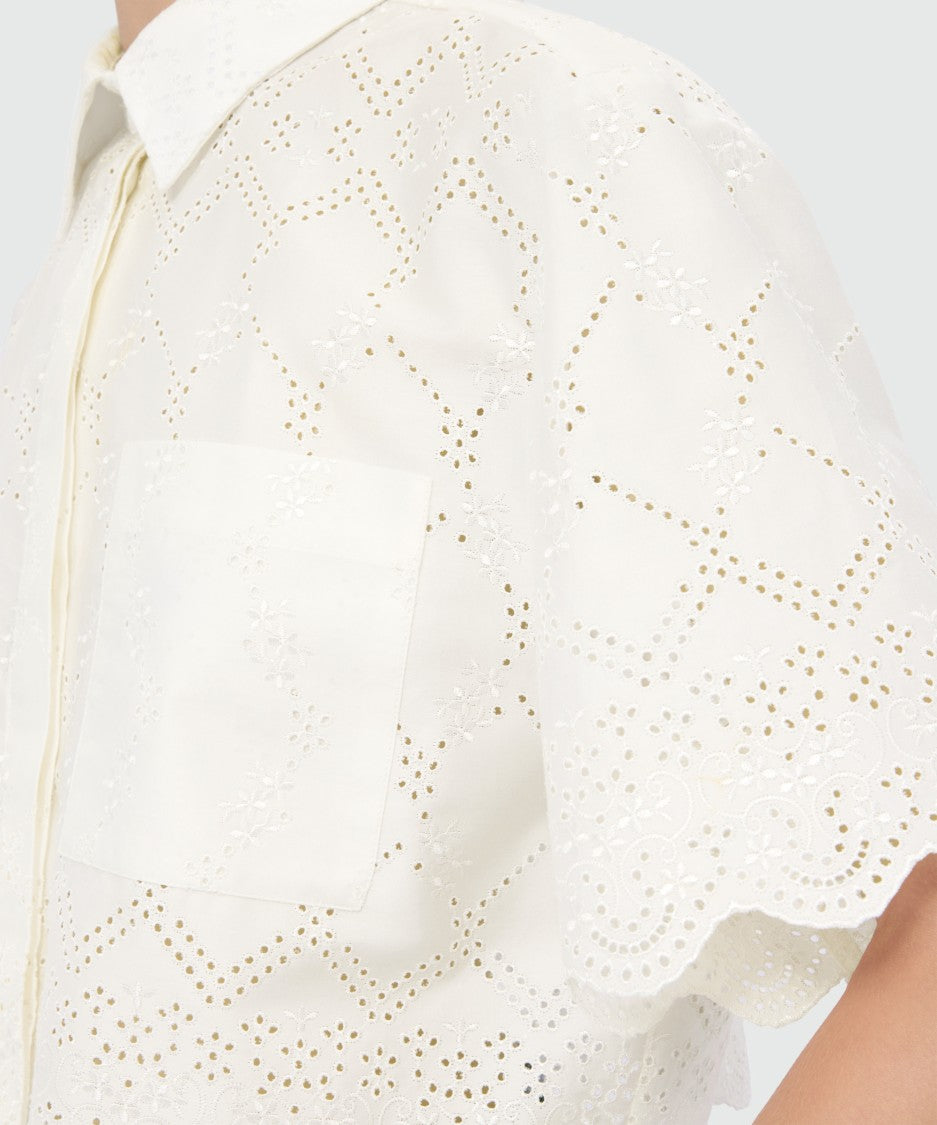 Msgm Delicate Eyelet Cropped Shirt With Scalloped Hemline