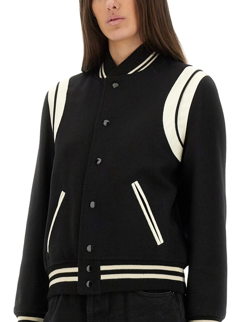 Saint Laurent Wool Varsity Jacket With Contrasting Stripe Details