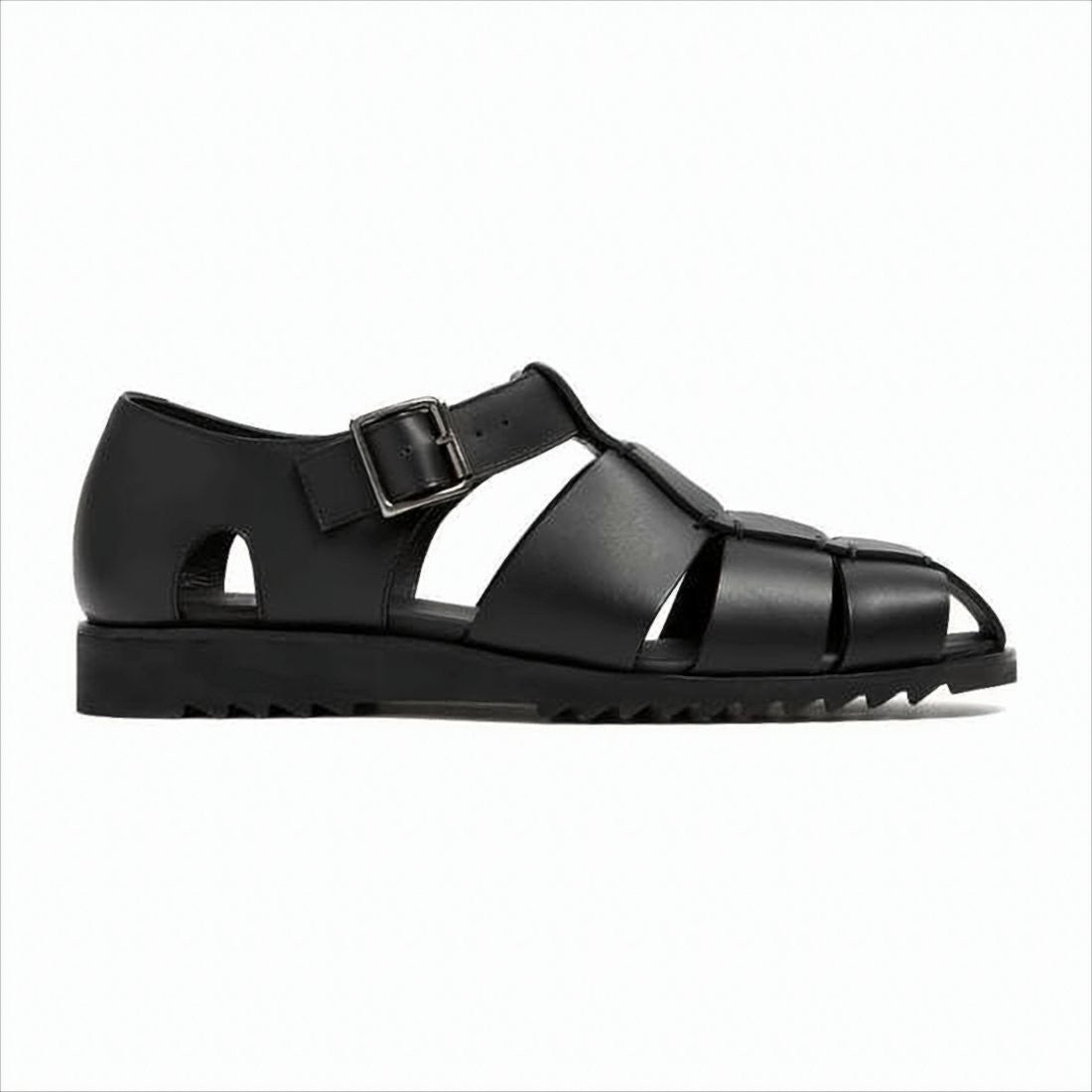 Paraboot Closed-Toe Black Leather Sandal With Woven Straps