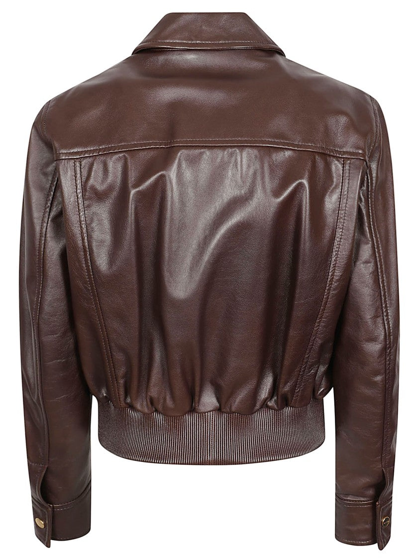 Max Mara Brown Lamb Leather Jacket With Classic Collar And Gold-Tone Accents
