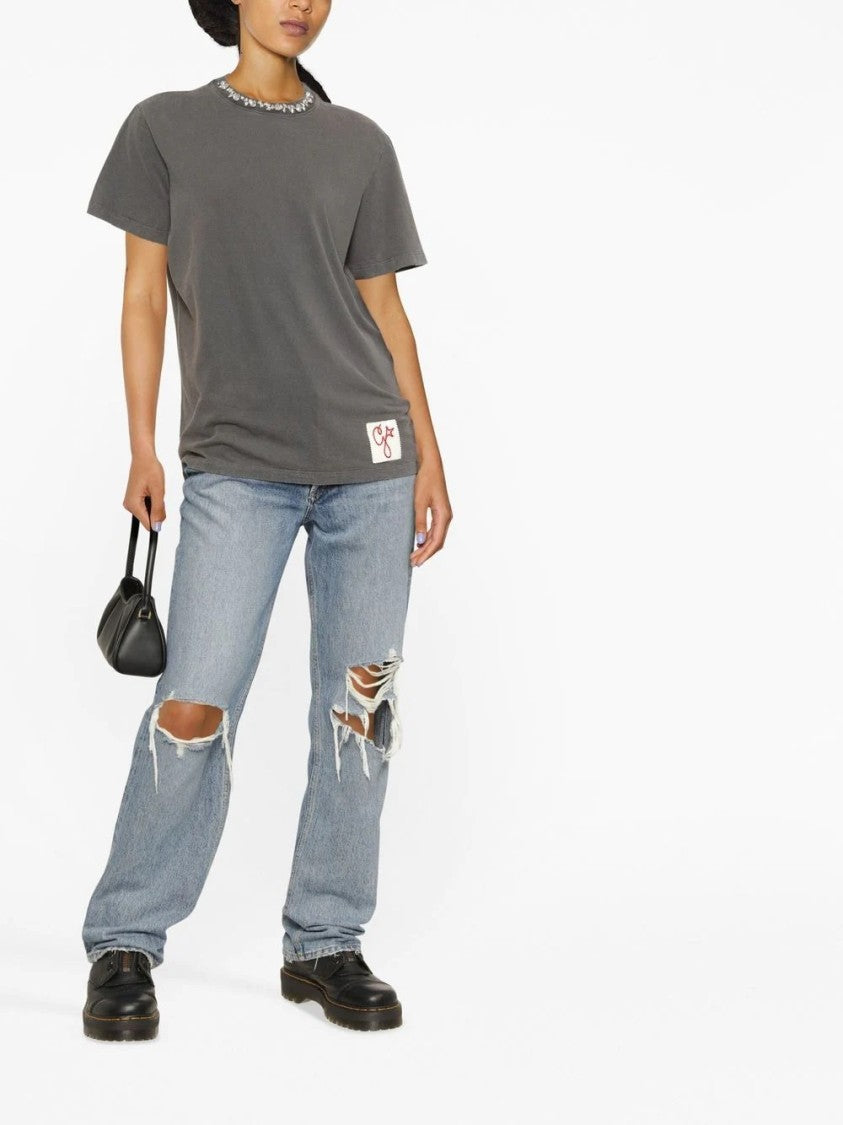 Golden Goose Gray Crew Neck T-Shirt With Decorative Neckline