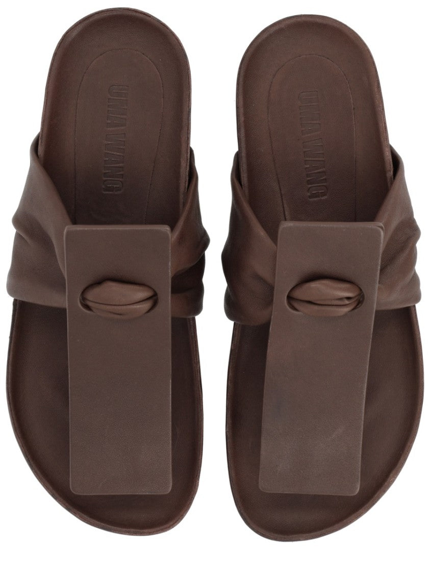 Uma Wang Sculptural Twisted Wide Strap Leather Sandals