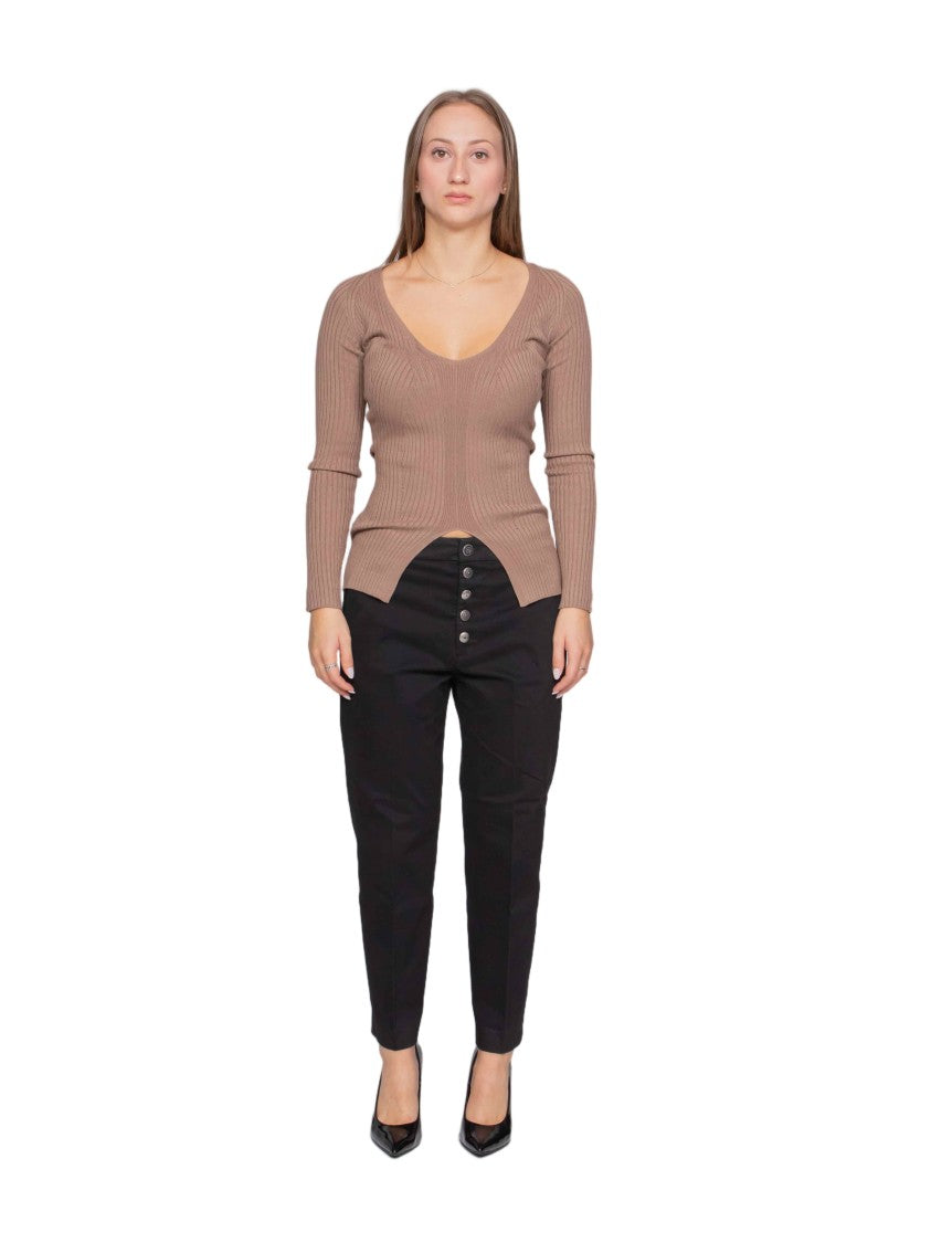 Dondup Fitted Ribbed Knit Top With Asymmetrical Hem And Deep V-Neckline