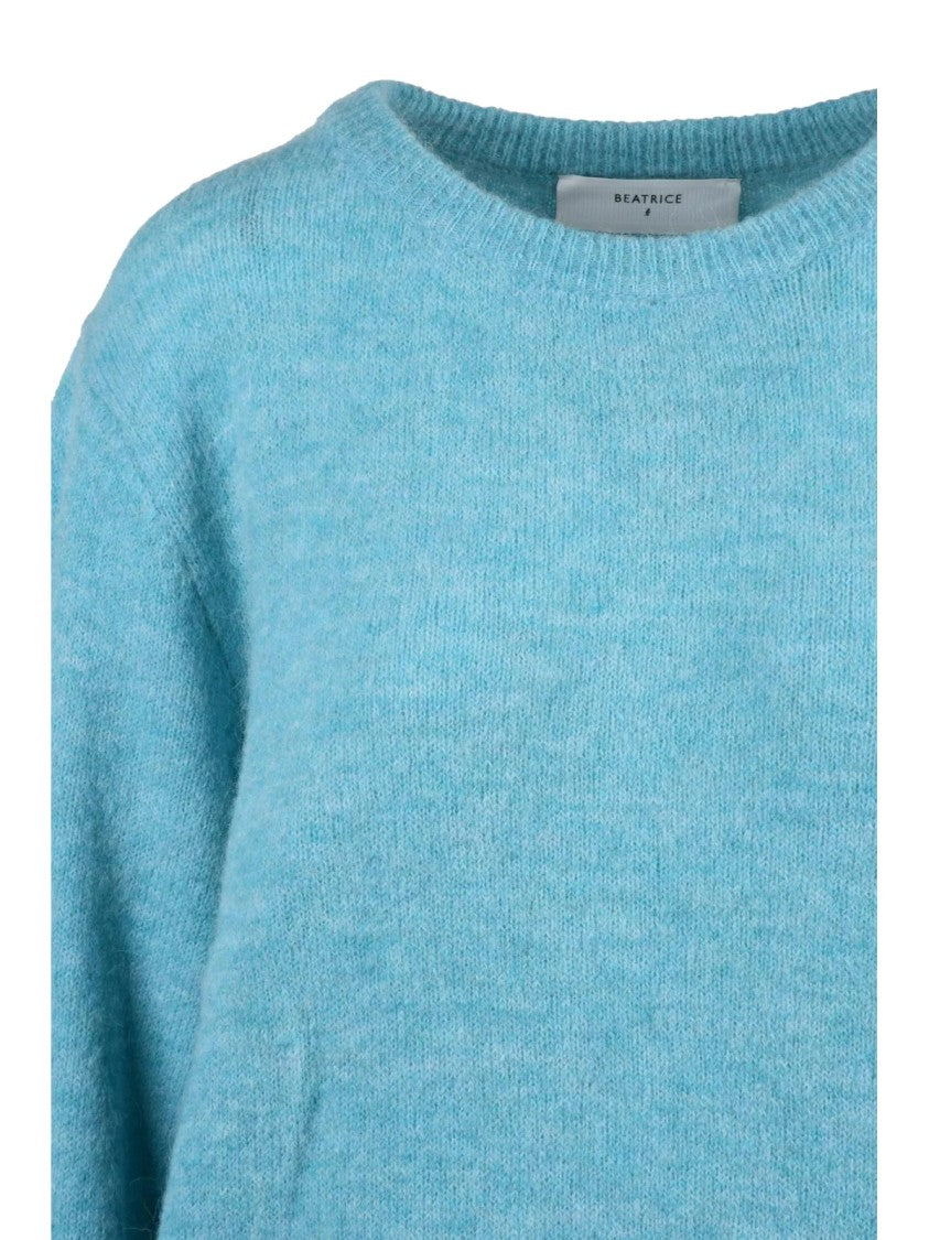 Beatrice.B Light Blue Crewneck Sweater With Puffed Sleeves And Heathered Finish