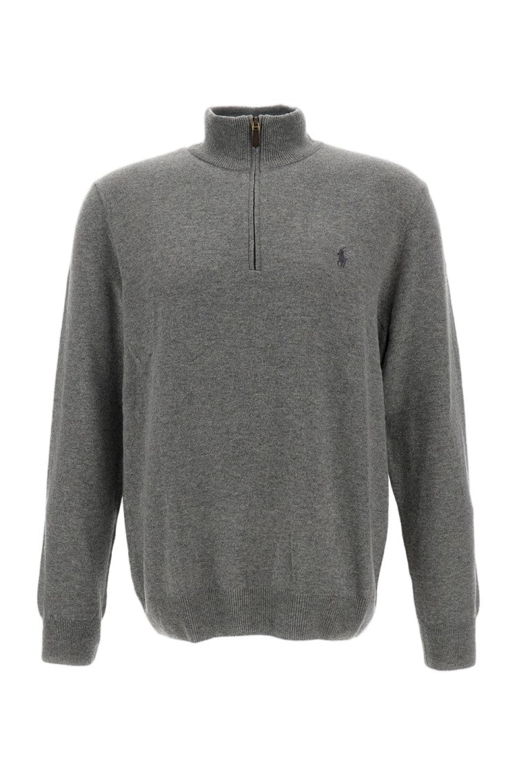 Polo Ralph Lauren Half-Zip Grey Wool Pullover With Embroidered Logo