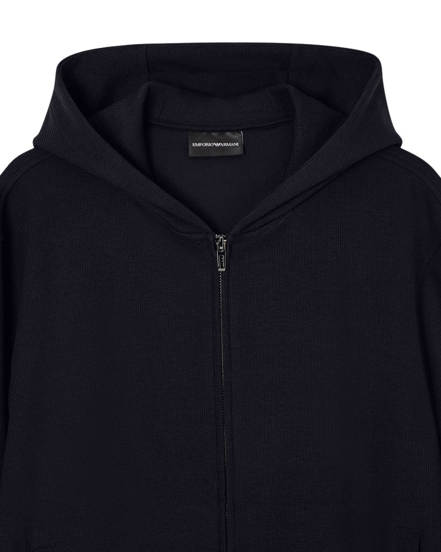 Emporio Armani Interlock-Lined Hooded Sweatshirt With Navy Stripe Jacquard Texture