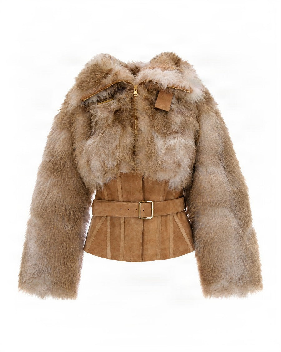 Elisabetta Franchi Camel Cropped Faux Fur Belted Jacket