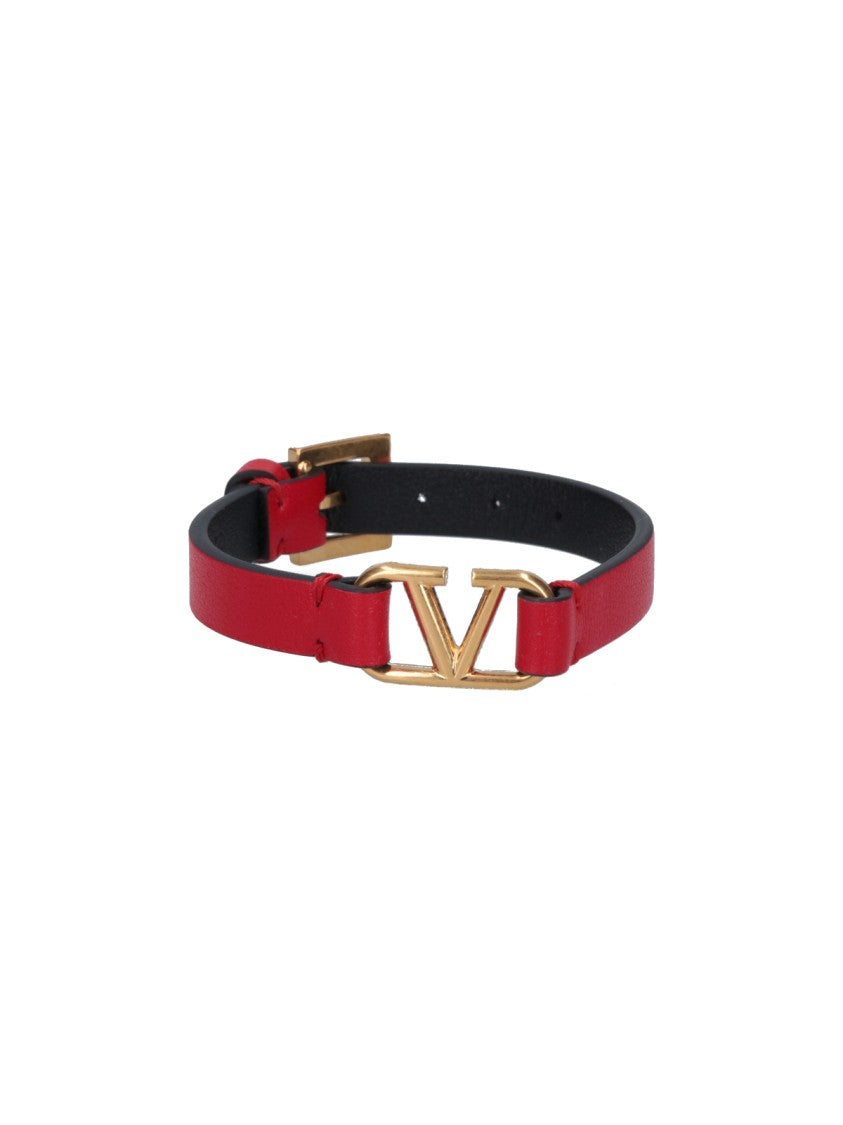 Valentino Garavani Narrow Red Leather Belt With Gold-Tone 'V' Centerpiece