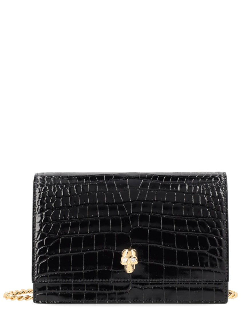 Alexander Mcqueen Black Small Skull Crocodile Embossed Shoulder Bag