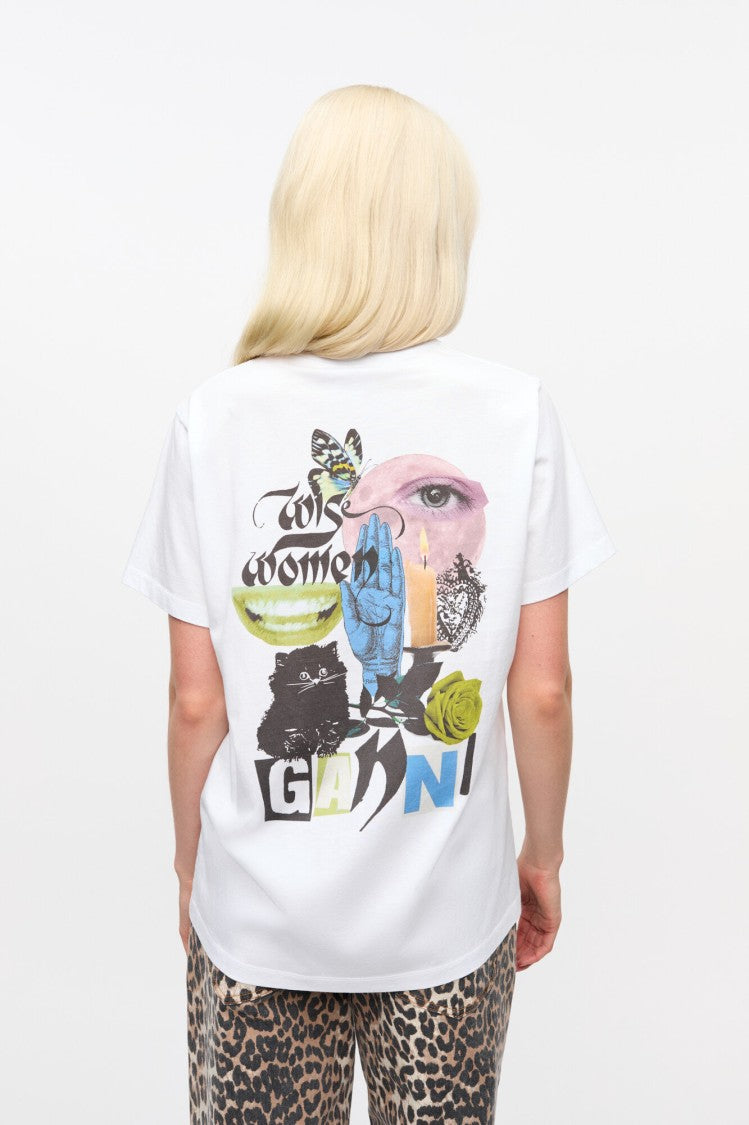 Ganni Relaxed-Fit White Jersey T-Shirt With Graphic Print