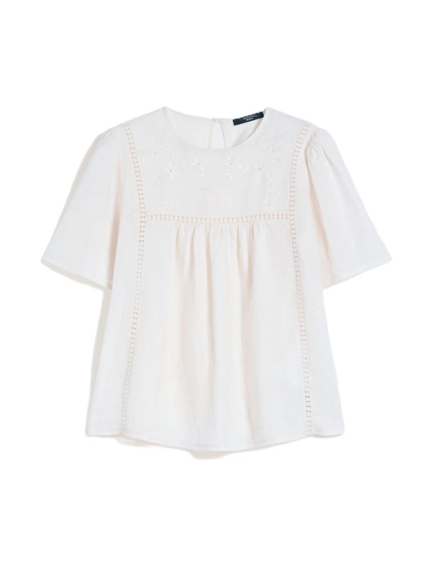 Max Mara White Eyelet Embroidered Puff Sleeve Top