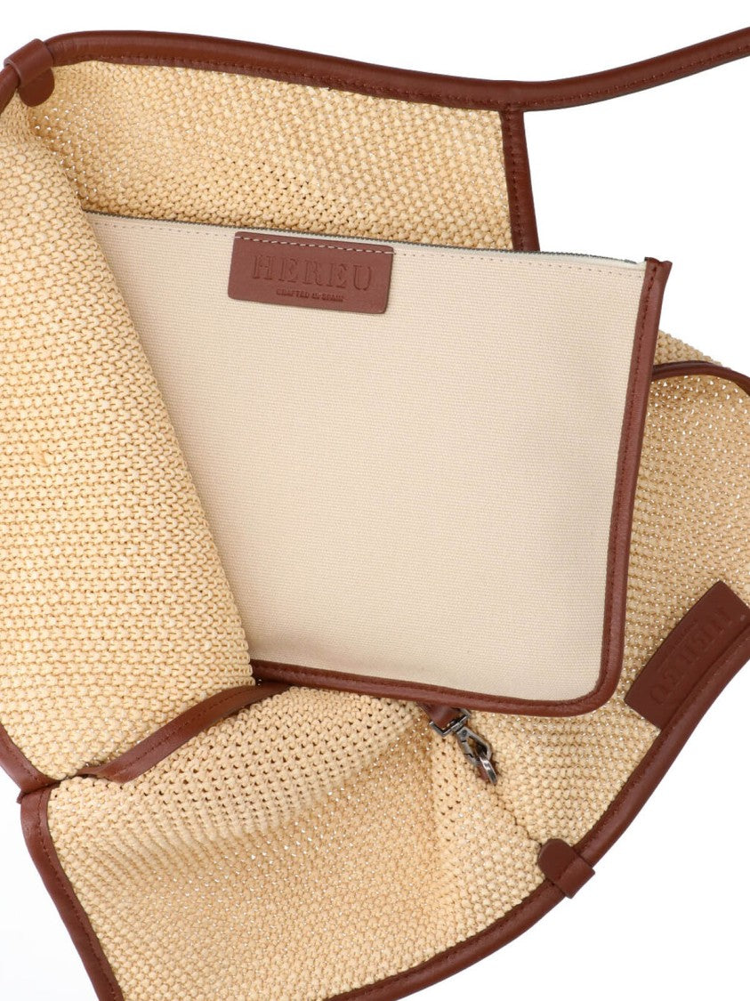 Hereu Beige Woven V-Neck Texture Tote Bag