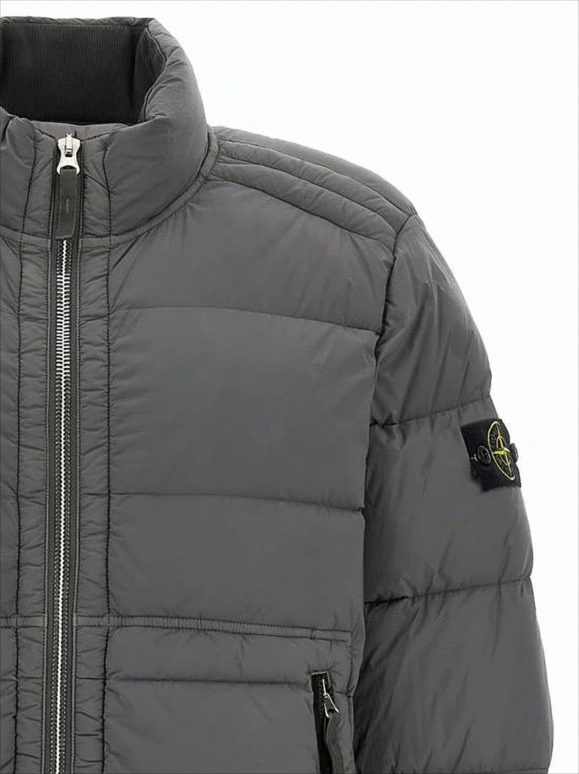 Stone Island Quilted Grey Padded Jacket With High Collar And Distinctive Patch
