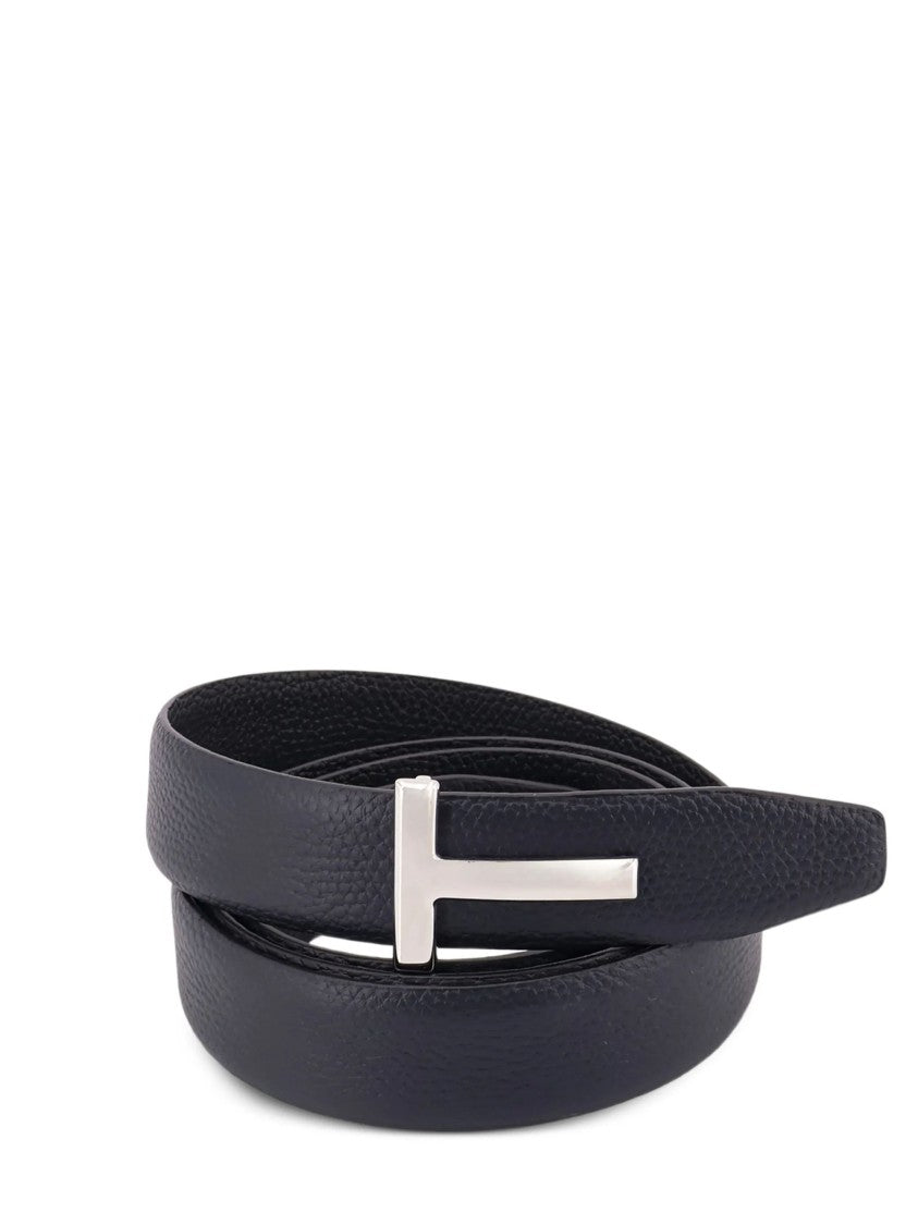 Tom Ford Slim Textured Leather Belt With Horizontal 'T' Buckle