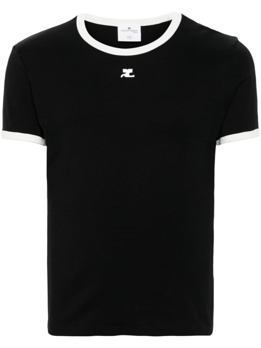 Courrèges Fitted Black T-Shirt With Contrasting White Trim