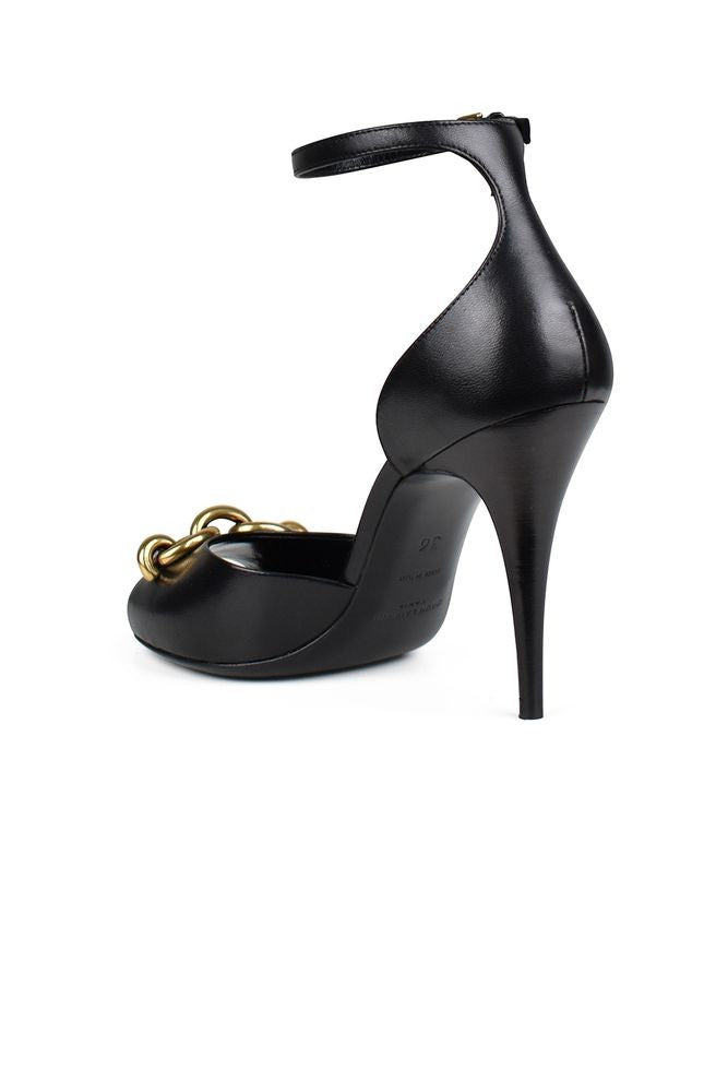 Saint Laurent Black Leather Sandals With Golden Chain Accents