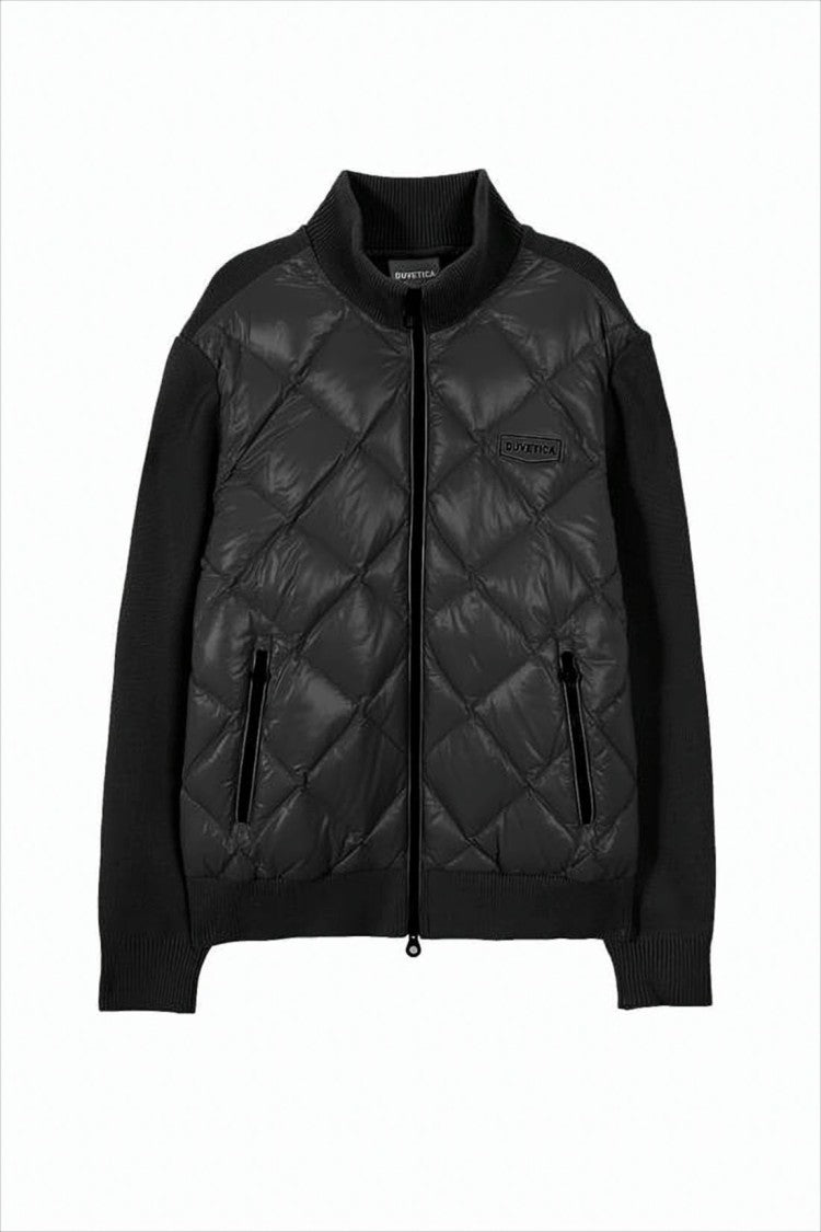 Duvetica Quilted Black Padded Jacket With Knit Sleeves And Logo Patch