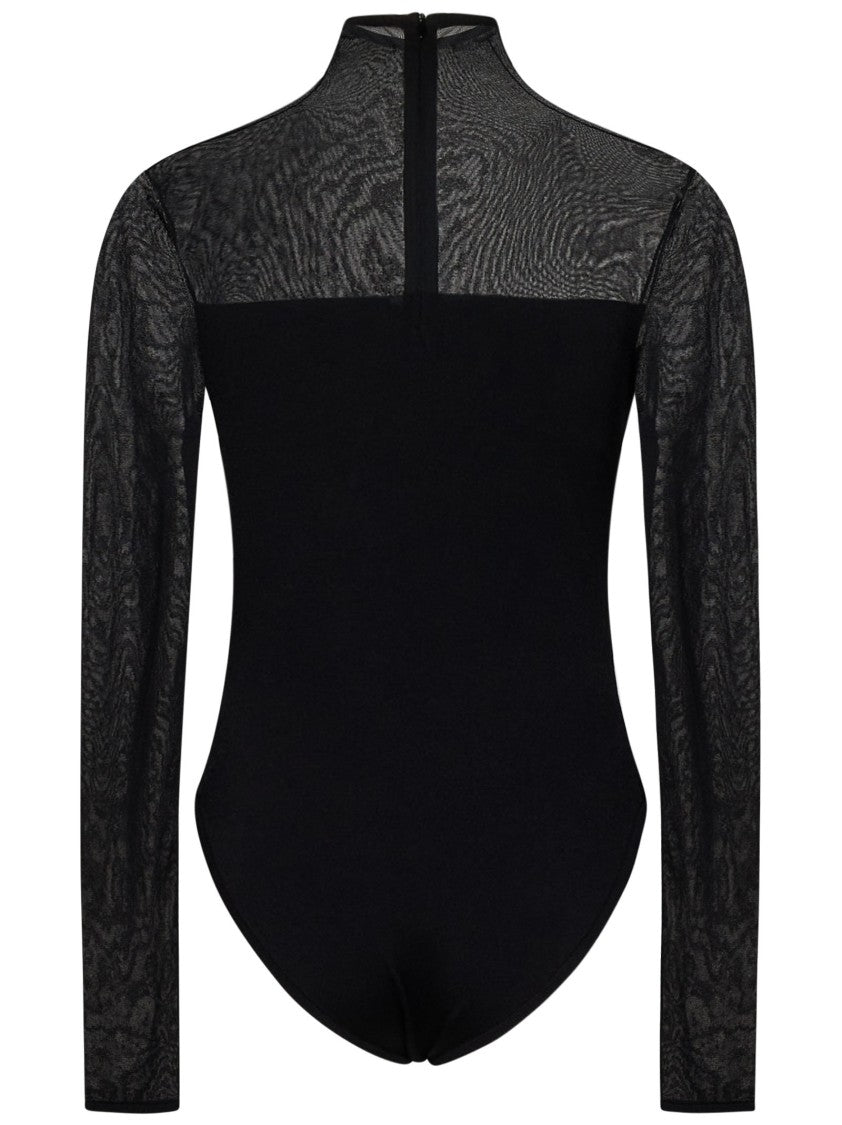 Nensi Dojaka Asymmetric Line Bodysuit With Sheer Sleeves And High Neck