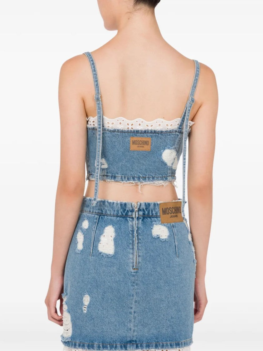 Moschino Distressed Denim Cropped Top With Structured Bustier Design