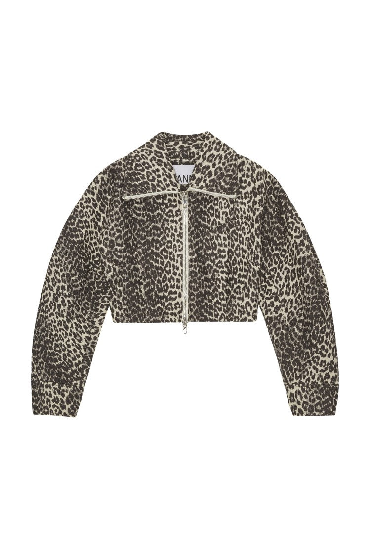 Ganni Leopard Print Cropped Jacket With Curved Sleeves