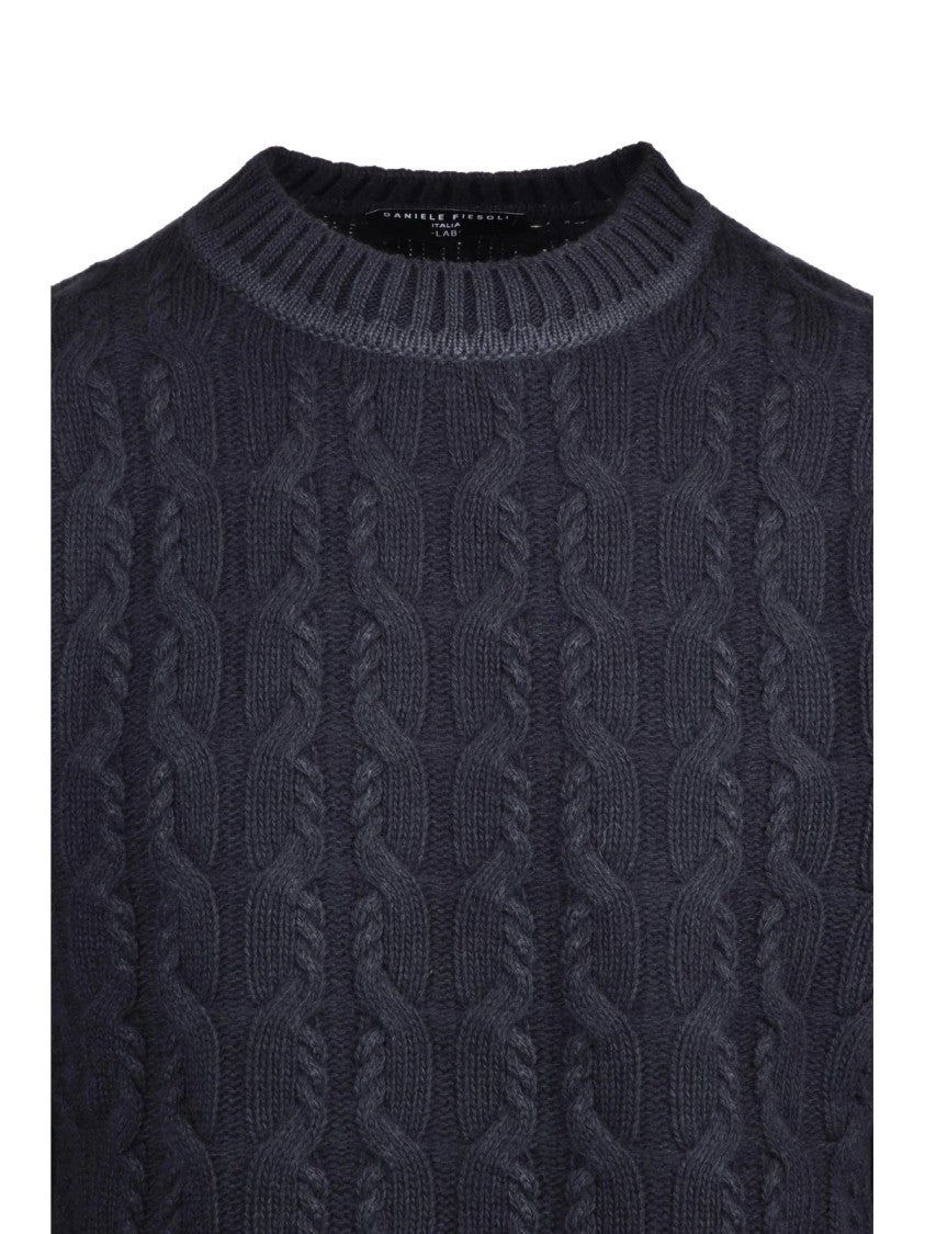 Daniele Fiesoli High Neck Black Cable Knit Sweater With Ribbed Accents