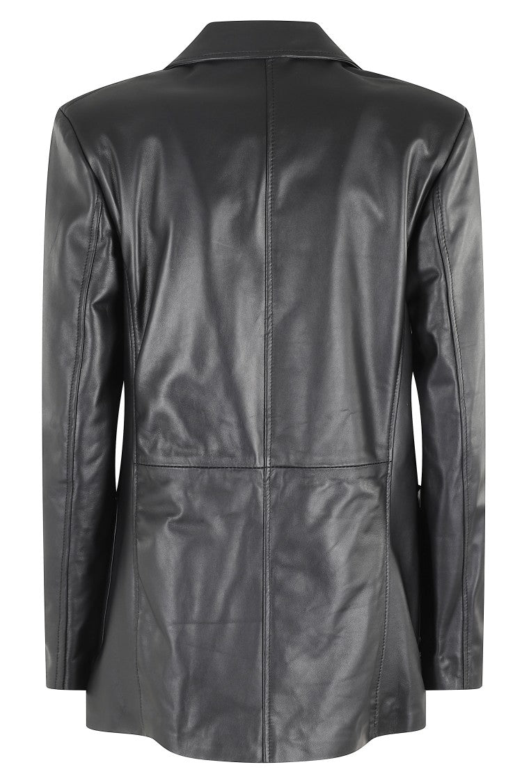 Solotre Tailored Black Leather Single-Breasted Blazer