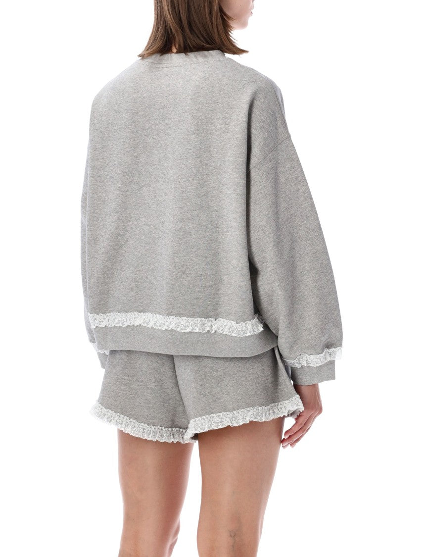 Ganni Relaxed Fit Fleece Crewneck With Lace Trim