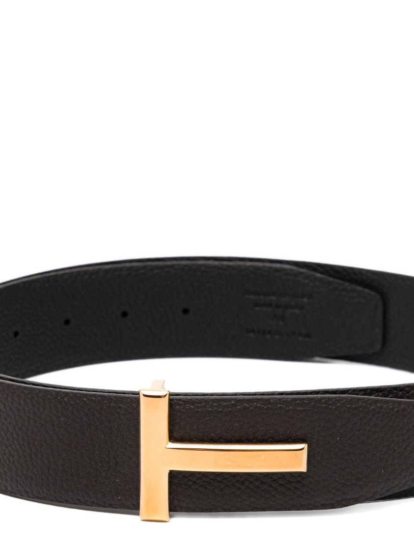 Tom Ford Textured Brown Leather Belt With Gold-Tone 'T' Buckle