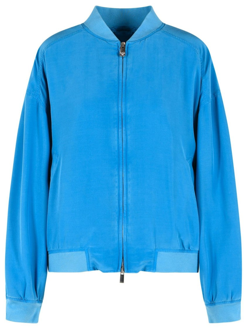 Versace Blouson With Zip In Light Blue Silk Poplin