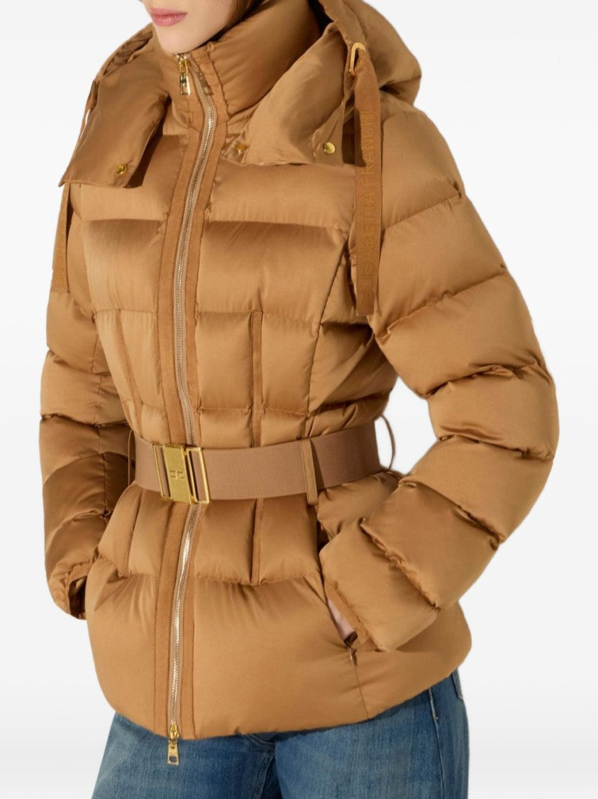 Elisabetta Franchi Voile High-Collar Belted Hooded Down Jacket