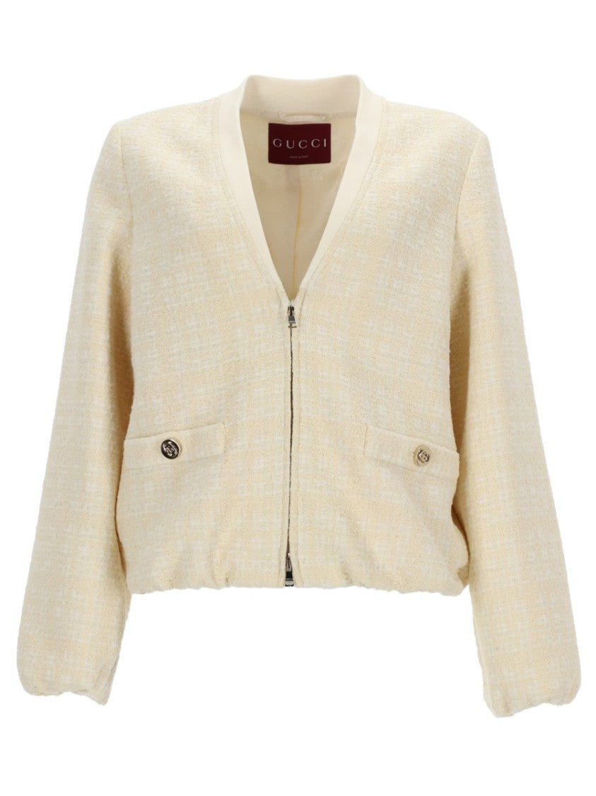 Gucci Cropped Jacket With Subtle Plaid Pattern And Relaxed Fit