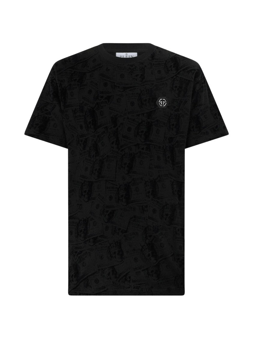 Philipp Plein Black Canvas T-Shirt With Dollar-Bill Print And Logo Plaque