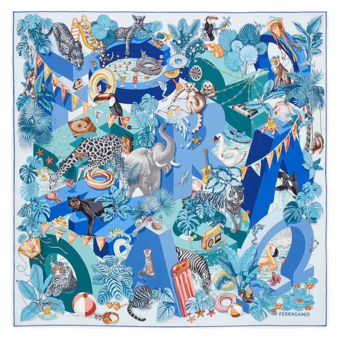 Salvatore Ferragamo Jungle Party Print Silk Scarf
