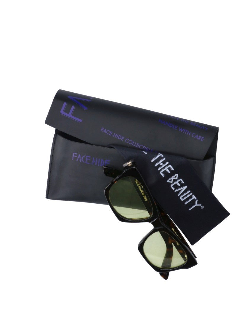 Facehide Rectangular Brown Acetate Sunglasses With Light Green Lenses