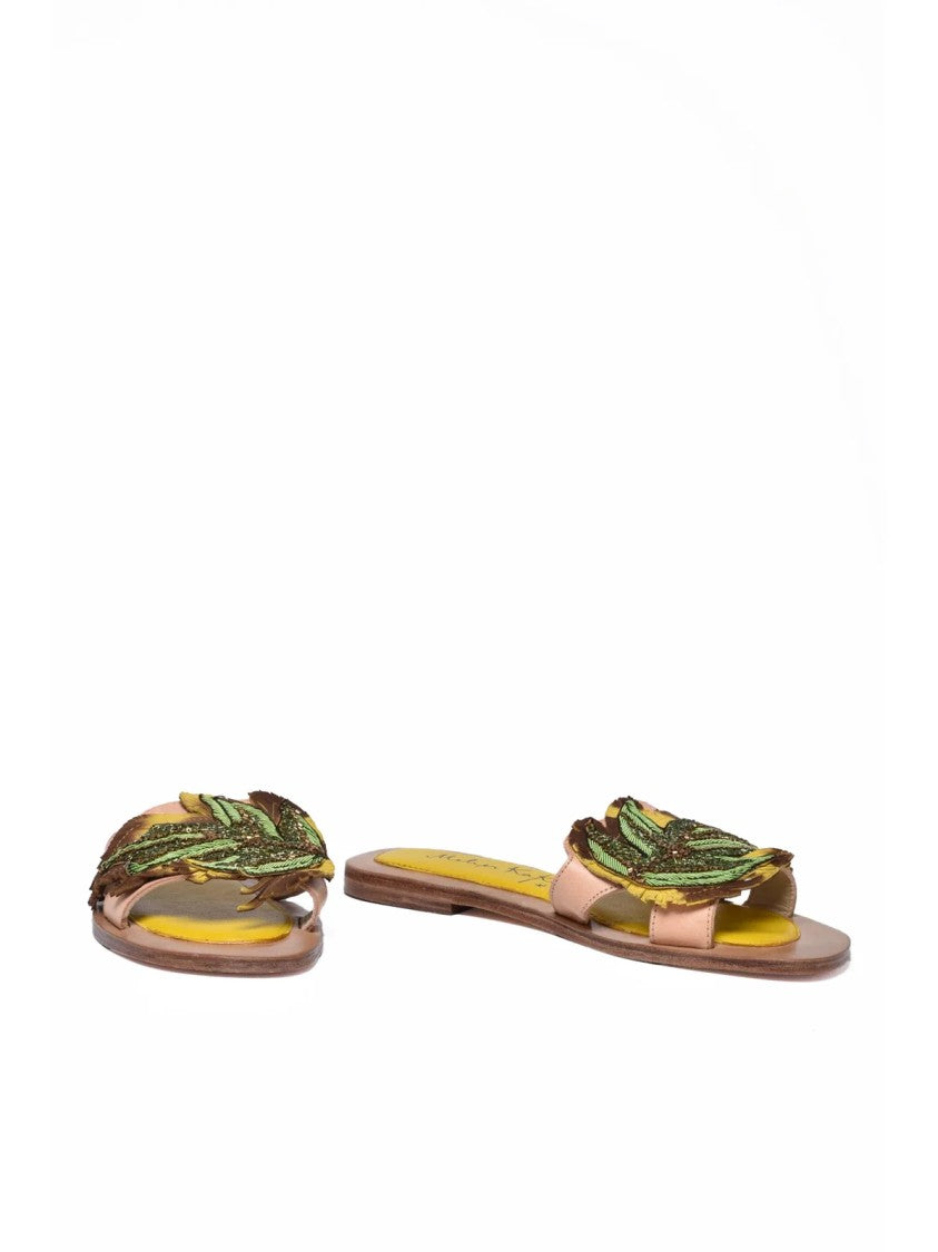 Meher Kakalia Beige Green Open-Toe Leaf Leather Mules