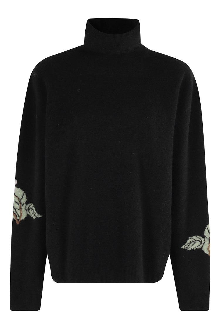 Nanushka High-Neck Black Sweater With Floral Cuff Detail