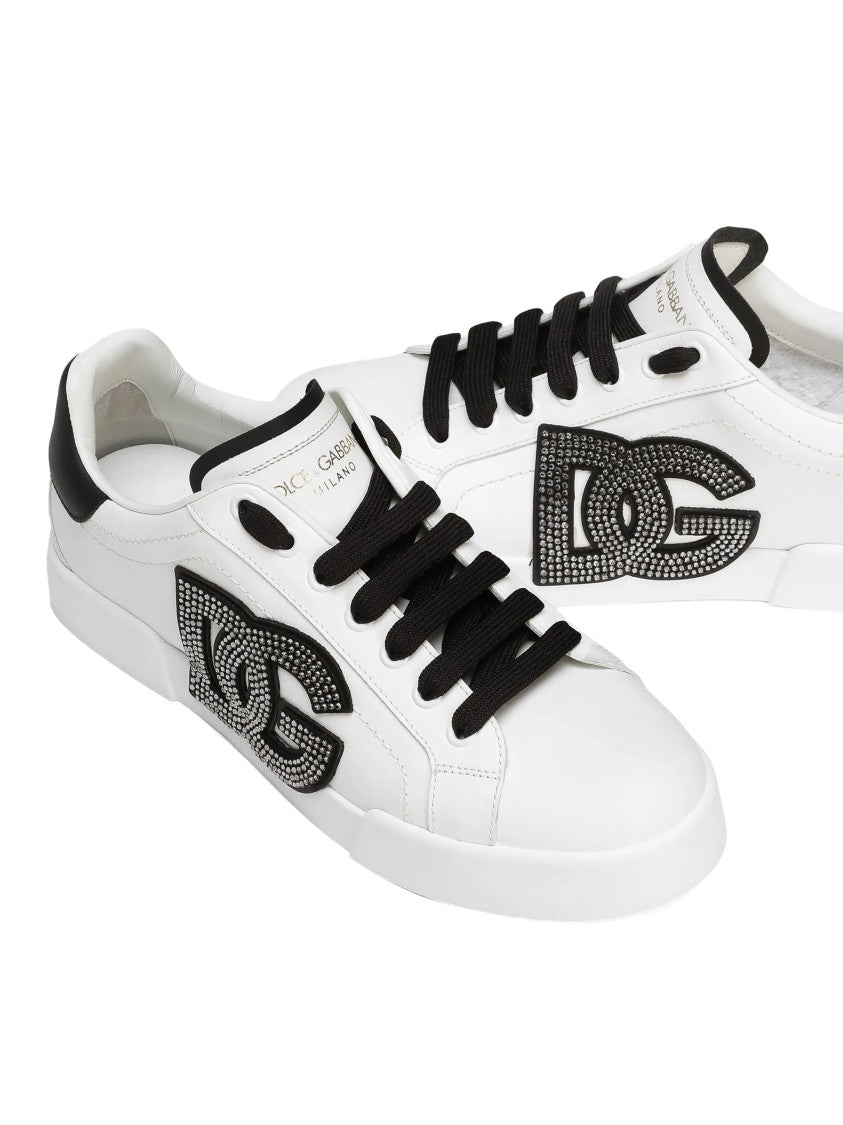 Dolce & Gabbana White Low-Top Leather Rhinestone Logo Sneakers