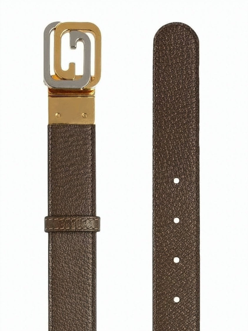 Gucci Textured Brown Leather And Canvas Belt With Dual-Tone Buckle