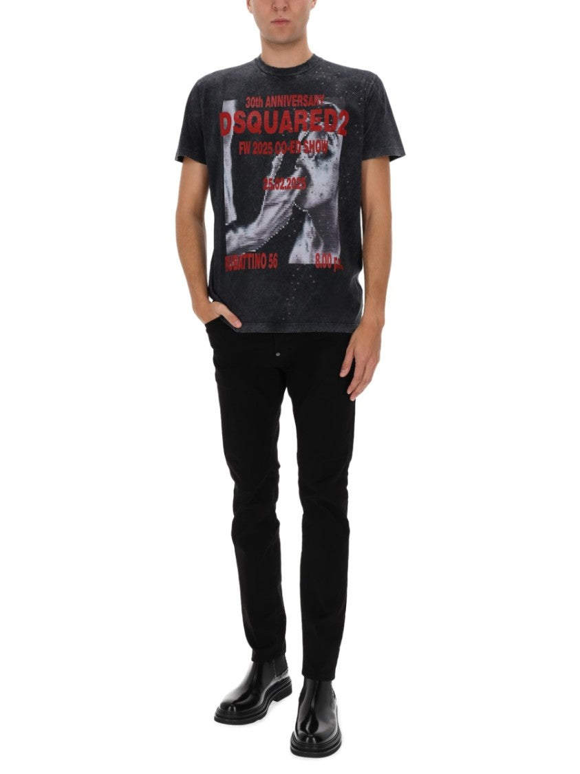 Dsquared2 Washed Black Graphic Printed Cotton T-Shirt