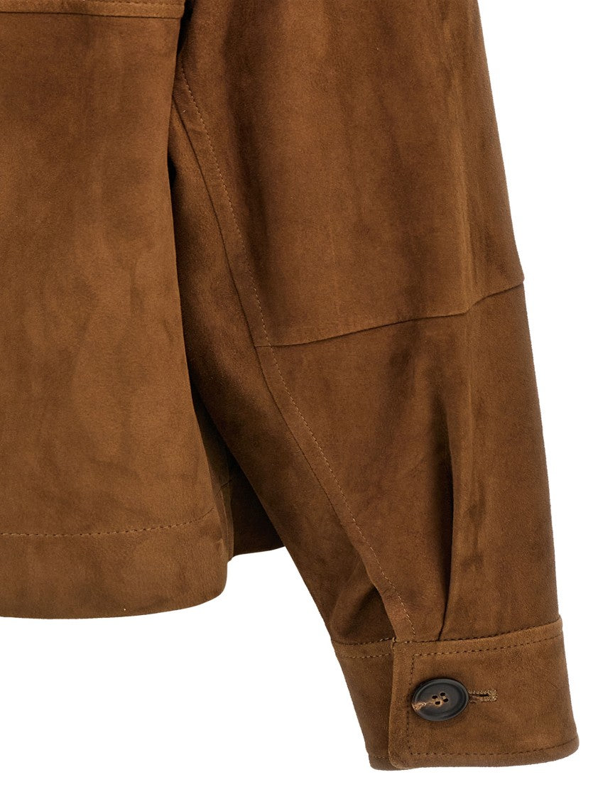 Brunello Cucinelli Wide-Cropped Brown Suede Jacket Button Closure
