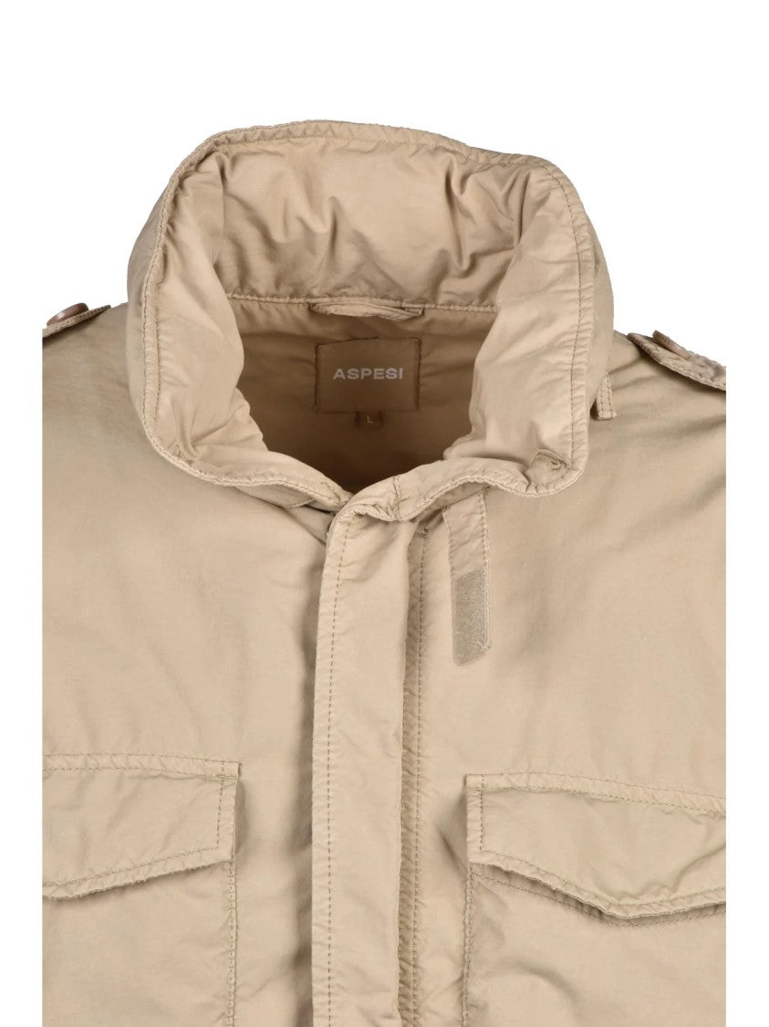Aspesi Beige Overcoat With Concealed Hood And Quilted Interior