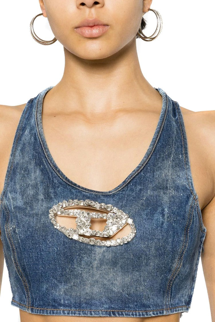 Diesel Cropped Denim Top With Embellished Logo Detail